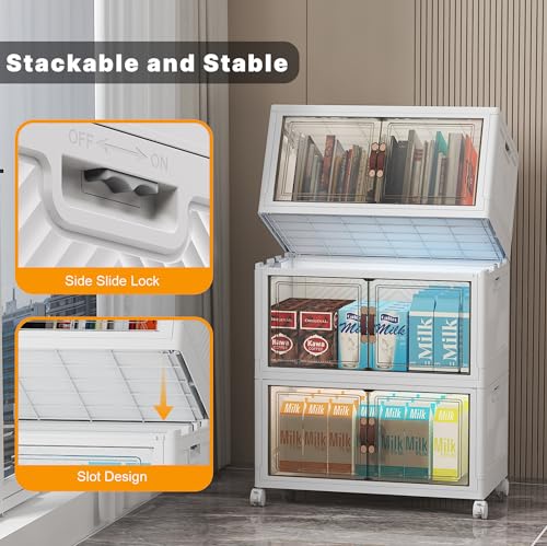 UAMFURI Stackable Storage Bins with Lid, 156QT Plastic Cabinet with Wheels | Large Capacity, Magnetic Door, Stack Lock, Rolling Wheels, Foldable Design, Organizers and Storage for Bedroom Dorm Garage - color: White-52qt, size: 3Pack with 1 top lid