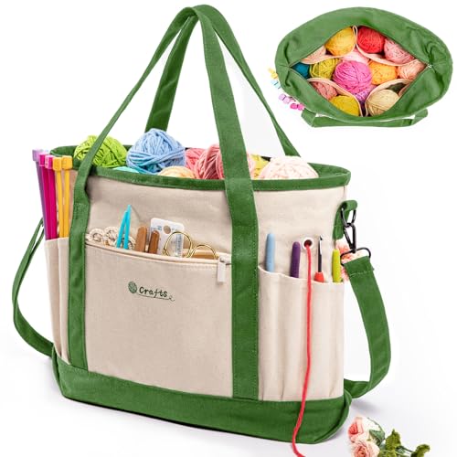 Canvas Yarn Storage Organizer Bag Washable Crochet Bag with Pockets for Yarn, Hooks, Needles – Travel Knitting Tote for Crafters – Gift for Crocheters & Knitters (Medium/Large) - color: Lime, size: Large-15”