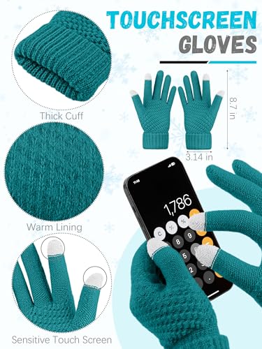 LOROME Winter Beanie Hat Scarf Gloves, Warm Fleece Knit Neck Scarf Set Gift | Hats Gloves Scarf Set, Touchscreen Gloves, Universal Size Neck Scarf Set Winter Gifts for Unisex Adult Winter Wear - color: Blue Green