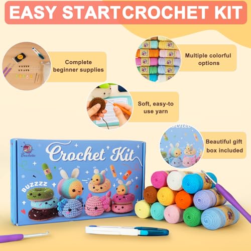 Crochetta Crochet Kit for Beginners Adults - Complete Starter Set with Crochet Hooks, Scissors, Stitch Markers + 12-Colored Yarn 45-50 Yards (20g) per Color - color: 20Gx12