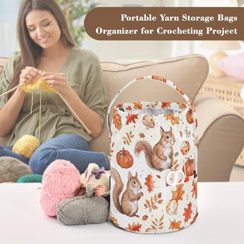 Fustylead Cute Squirrel Maple Pumpkin and Mushroom Yarn Knitting Crochet Drawstring Bag with Customized Front Compartment, Portable Large Storage Basket for Crocheting Project, Kit, Yarn Ball, Needle - color: Beige01 Squirrel