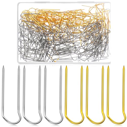 MTLEE 200 Pcs Fork Pins for Quilting Sewing Double Needlecraft Blocking Stainless Steel U-pins for DIY Sewing Jewelry Craft Making, 0.9 x 0.24 Inch - color: Gold Silver