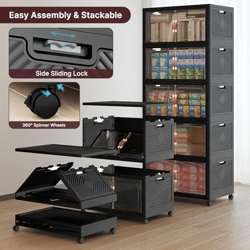 UAMFURI Stackable Storage Bins, 560QT Collapsible Drawers with 1 Lid | Large Capacity, Magnetic Door, Stack Lock, Rolling Wheels, Foldable Design, Organizers and Storage for Bedroom Dorm Garage - color: Dark-112QT, size: 5Pack with 1 top lid