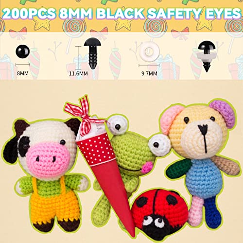 MUCUNNIA 400pcs 8mm Black Safety Eyes with Washers for Crochet Amigurumi | Plastic Craft Eyes for Teddy Bear, Amigurumi Doll, Stuffed Animal, DIY Crafts Making Supplies,Holiday Decorations - size: 8mm