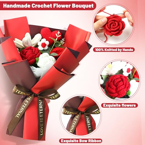 TORONTOKYO Crochet Flower Bouquet, Crochet Flowers Handmade Red Roses Bouquet, Graduation Gifts, Valentine's Day, Wedding, Birthday, Mother's Day (Include Gift Bag & Card) - color: Red
