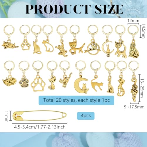 PH PandaHall 20 Styles Cat Stitch Markers with 4PCS Safety Pins Gold Paw Print Moon Crochet Stitch Marker Charms Cute Kitten Knitting Locking Marker for Knitting Weaving Quilting Sewing Jewelry Making - color: Gold