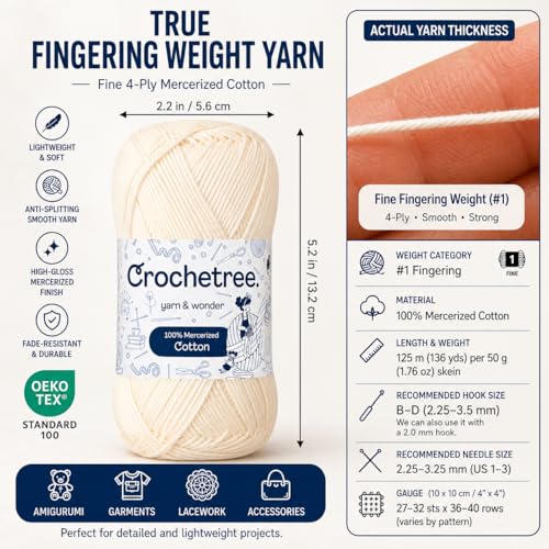 Premium Mercerized Cotton Yarn for Crochet & Knitting – Fingering Weight 4-Ply, 50g (1.76 oz) / 125 m (136 yds), High-Gloss, Anti-Splitting, Fade-Resistant Cotton (Moon Surface) - color: Moon Surface