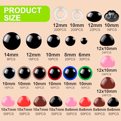 Safety Eyes for Crochet & Amigurumi, 1100PCS Plastic Safety Eyes with Washers, Assorted Sizes 6–14mm, Secure Fit Eyes for DIY Plush Dolls, Stuffed Animals & Handmade Crafts - size: 1100 pcs
