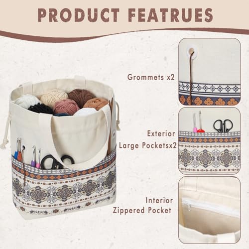 TOGETRUE Yarn Bag, Knitting Crochet Tote Bag, Yarn Storage Bags Organizer, Crochet bags for Crocheting Project, Store Skein Ball, Short Knitting Needle (Brown Style) - color: Brown Style, size: Small