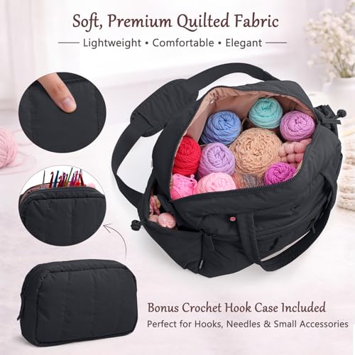 MYBAGZING Stylish Crochet Bag Organizer with Crochet Hook Case, Large Capacity Yarn Bag for Crocheting on the Go, Soft Quilted Crochet Tote with 7 Compartments, Knitting Project Carry-On Travel Gift - color: Black