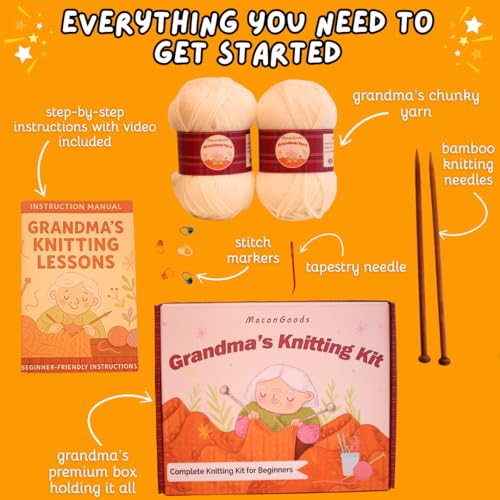 MaconGoods Grandma's Knitting Kit - Complete Knitting Kit for Beginners - Includes Beginner Yarn, Bamboo Needles, Video Tutorial, and Written Guide & More - Easy Learn to Knit Kit - style: Standard