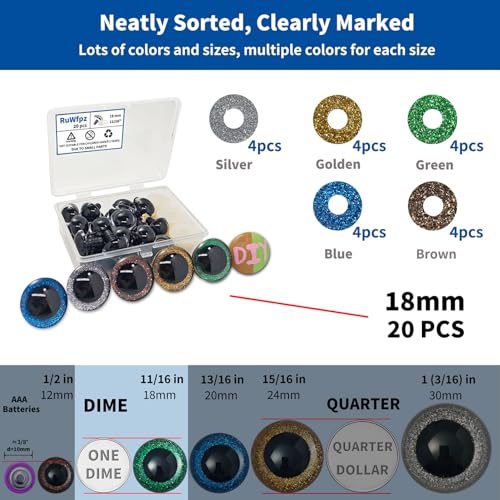 RuWfpz Safety Eyes for Crocheting Amigurumi Glitter 18mm Large 5 Colors | 11/16", 20pcs, DIY, with Labeled Box, Hard Washer, Big Plastic Colored Crochet Stuffed Animal Eyes for Doll Craft Bear Plush - size: 18 mm