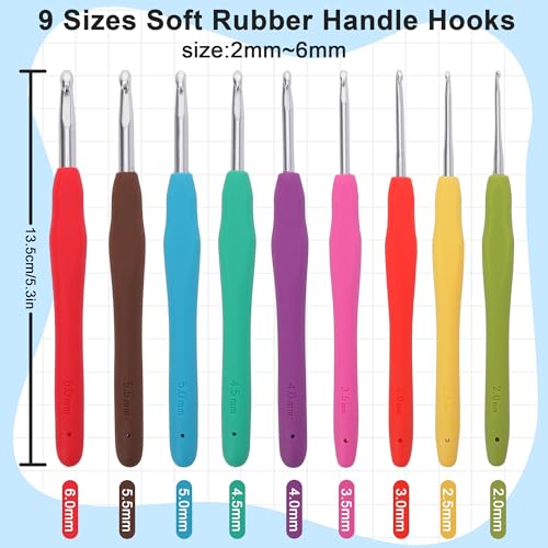 Crochetbox Crochet Hooks Set, 9 Size 2mm(B)-6mm(J) Ergonomic Handles Crochet Hooks with Case for Arthritic Hands, Kintting Needle with Crocheting Tool for Crocheters - size: 9 Size(2~6mm)(blue case)