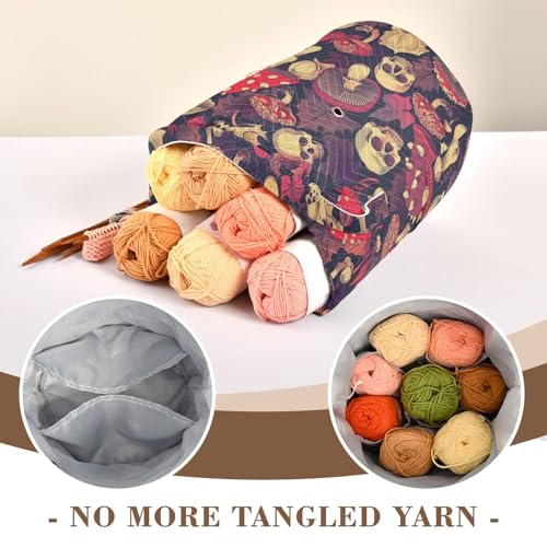 Fustylead Red Amanita Mushrooms Fall Leaves and Skulls Crochet Drawstring Organizer, Large Yarn Bag Storage Tote Basket for Crocheting On The Go, Kit Holder, Gift for Knitter, Crochet Beginner - color: Blue09 Mushrooms and Skulls