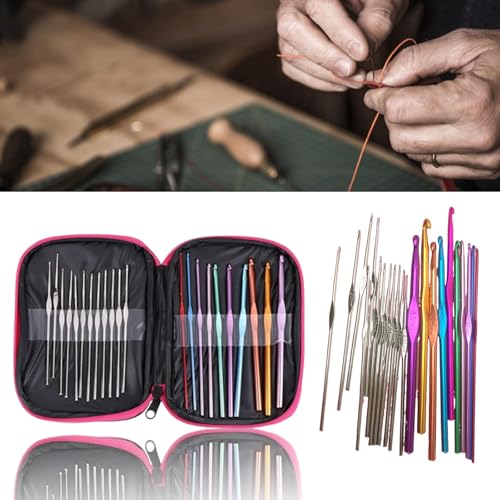 23 PCS Crochet Hooks Set Ergonomic Aluminum Handles Steel Tips Yarn Needles Crochet Accessories with Storage Case(Pink) - color: Pink