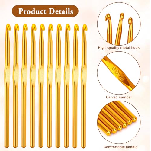10Pcs 6mm Aluminum Crochet Hook, Knitting Needles Craft Yarn, Crochet Hook for DIY Craft, Gold Crochet Needles for Knitting Scarf(Gold) - color: 6MM Gold