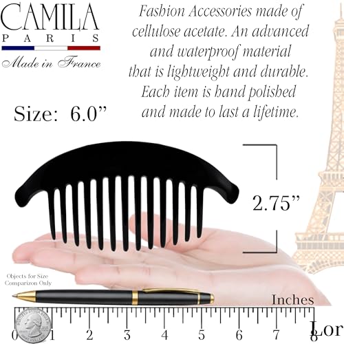 Camila Paris CP2872/2 French Hair Side Combs, Black Interlocking Combs French Twist Hair Combs, Strong Hold Hair Clips for Women Bun Chignon Up-Do, Styling Girls Hair Accessories, Made in France - color: Black