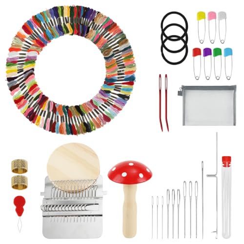 Premium Knit Patch Mending Kit - 14-Hook Darning Loom with Cute Darning Mushroom, 120 Colors Embroidery Floss, Full Repair Tools,Jeans, Clothes, DIY Weaving for Beginners