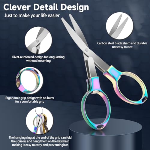 3 Pcs Folding Stainless Steel Mini Badge Scissors with 3 Keychains | Safety Foldable Pocket Travel Small Scissors All Purpose for Nurse Accessories, Travel, Office, Craft, Sewing, Home (Color) - color: Color