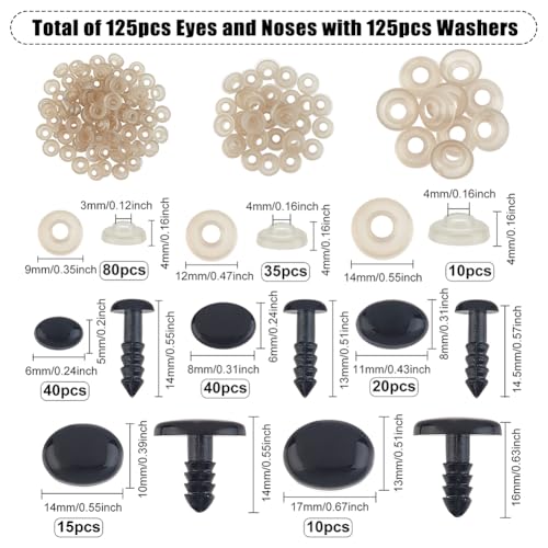 SUPERFINDINGS 250Pcs Safety Eyes and Noses with Washers 5 Size 6/8/11/14/17mm Resin Craft Doll Eyes Oval Plastic Bear Eyes and Noses for Stuffed Animals Amigurumi Craft Doll Teddy Bear Supplies