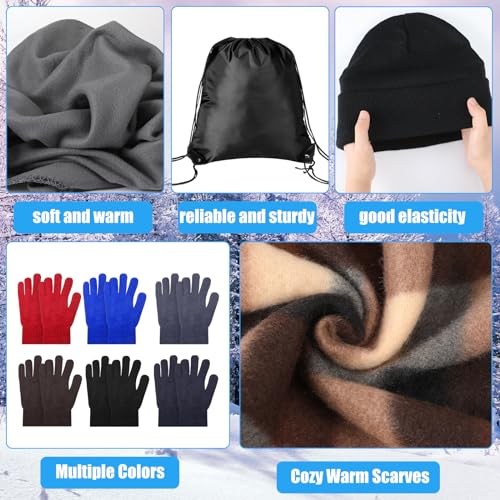 Suhine 72 Pcs Homeless Care Package Supplies Bulk Winter Warmth Kit with Blankets Beanies Hats Gloves Socks Scarves and Drawstring Bags Outreach Donation Essentials for Cold Weather Support