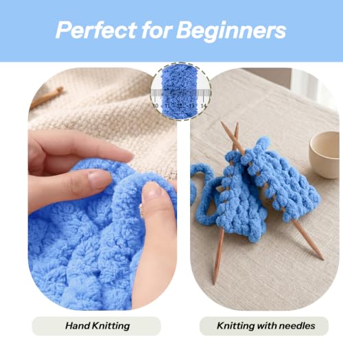 8 Pack Chunky Chenille Yarn for Hand Knitting, Glow in The Dark, Denim Blue | 8-pack jumbo chenille yarn with 1 glow-in-the-dark skein! Ultra-soft, fast to hand knit & perfect for DIY cozy gifts - color: Denim Blue
