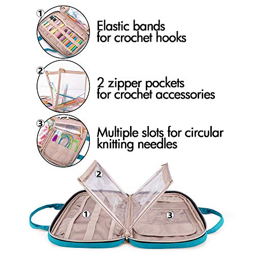 Yarwo Knitting Needles Case, Crochet Hooks Organizer with 2 Clear Pouches | Circular Needles Holder for Ergonomic Crochet Hook (up to 10.6") and Craft Yarn Kits, Top Handles, Bag Only, Teal - color: Teal