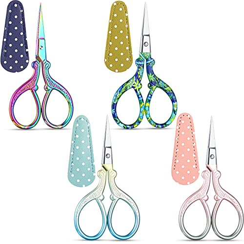 Honoson 4 Pcs Small Embroidery Scissors, 3.6", Simple, Fresh Colors | Sewing Scissors with Leather Cover, Sharp Tip for Needlework Cross Stitch Crochet Knitting Craft, Stainless Steel Stork Shear - color: Fresh Colors