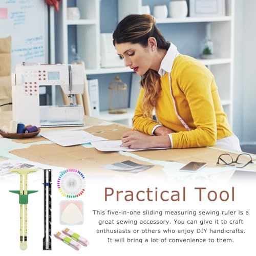 7 Pcs Sewing Gauge Measuring Tool, 5-in-1 T Sliding Gauge Ruler Seam Gauge | Fabric Quilting Ruler with 2 Tape and Sewing Pins, Sewing Measuring Tool for Seaming Hemming Knitting Crafting