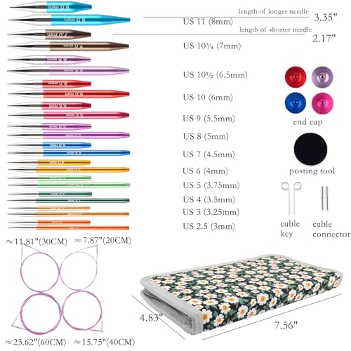 Svartur Asymmetrical Interchangeable Circular Knitting Needles, with Assorted Circular Knitting Needles and 4 Cables, Accessories and Case, 12 Pairs - color: Multicolored-Asymmetrical-12 Pairs