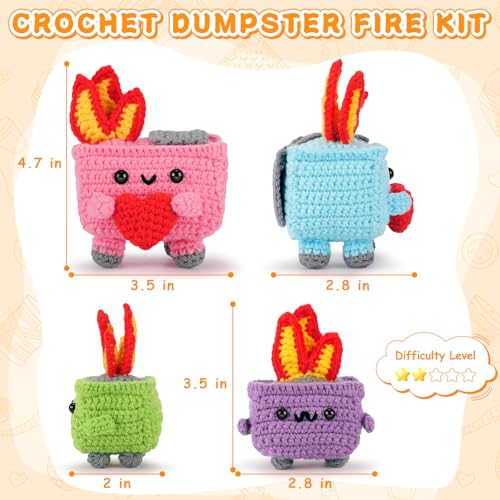 Crochet Kit for Beginners, 4PCS Dumpster Fire Crochet Starter Kit | Emotional Positive Support Beginner Crochet Kits for Adults Kid, w/ Step-by-Step Video Tutorials, Crochet Gifts - color: Blue Pink Purple Green