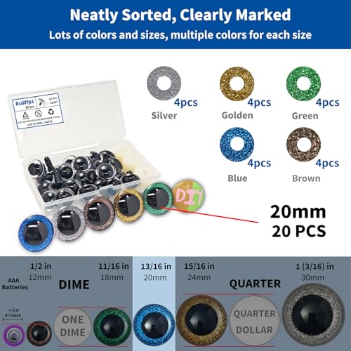RuWfpz Safety Eyes for Crocheting Amigurumi Glitter 20mm Large 5 Colors | 13/16", 20pcs, DIY, with Labeled Box, Hard Washer, Big Plastic Colored Crochet Stuffed Animal Eyes for Doll Craft Bear Plush - size: 20 mm