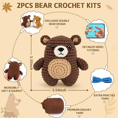 Crochet Kit for Beginners - Bear Crochet Kits, Beginner Crochet Kit for Adults, Crochet Animal Kit for Starters with Step-by-Step Video Tutorials, Knitting Bears with Squishy Hip Design - color: Brown Bears