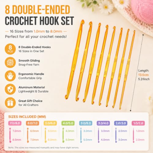 Aluminum Double End Crochet Hook Set, 8 Sizes 1.0-8.0mm Ergonomic Knitting Needles Kit with Soft Grip Handle, Smooth Glide Weave Craft Crochet Hooks for Beginners and Experienced Crocheters