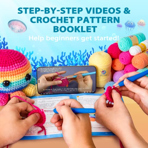 Crochetta Crochet Kit for Beginners, Crochet Kit Step-by-Step Video Tutorials, Crochet Starter Kit Learn to Crochet Kits for Adults Kids Beginners, Jumbo 3 Colorful Octopus Familly (40%+ Yarn Content) - color: Octopus Family