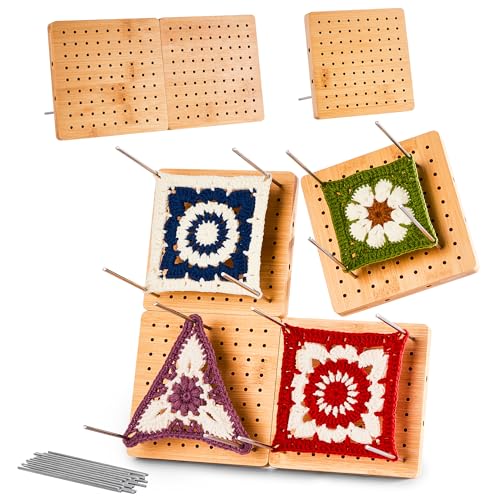 [Oakwooma] Crochet Blocking Board Combo Set, 11.8" Bamboo Board with 20 Pins & 4-Pack 4.7" Assembleable Blocking Boards with 25 Pins, 45 Steel Pegs Total for Granny Square Knitting and Crocheting