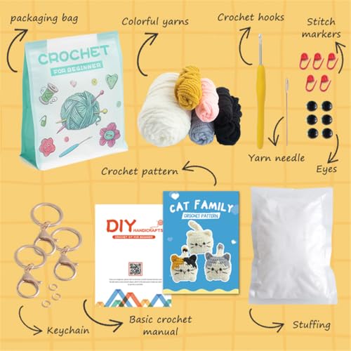 Linhao Jew Crochet Kit for Beginners – Cat Crochet Kit Keychain with Pre-Started Easy Yarn, Step-by-Step Video Tutorials for Adults DIY Crafts (Kitten) - color: kitten