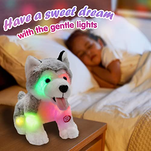 Light up Husky Dog Stuffed Animal Soft Glowing Plush Puppy Toy | Led Lights Day Children Birthday Toddler Kids Night Beautiful Decorative Festive - color: Husky