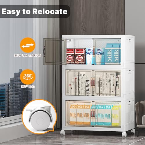 UAMFURI Stackable Storage Bins with Lid, 156QT Plastic Cabinet with Wheels | Large Capacity, Magnetic Door, Stack Lock, Rolling Wheels, Foldable Design, Organizers and Storage for Bedroom Dorm Garage - color: White-52qt, size: 3Pack with 1 top lid