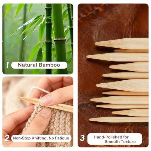 Guclud Bamboo Knitting Needles Set, 5-Inch Interchangeable Circular Knitting Needles US 4-15 (3.5-10mm),12 Pairs of Hand-Polished Circular Needles, 4 Cables, Accessories & Case (Black Tip)