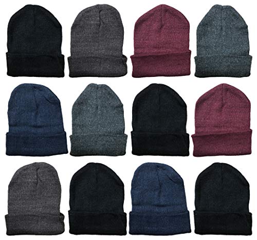 Yacht & Smith Wholesale Beanie and Glove Winter Bulk Kit, Kids Adults Bulk Sets, Homeless Donation Shelters - color: 12 Pack Adults Assorted Solids (B)