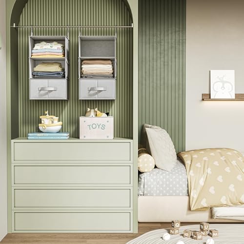 2 Pack 3-Shelf Hanging Closet Organizer with 2 Drawers, Silver Gray | Two Hanging Organizers with Fabric Drawers, Space-Saving Closet Storage for Clothes, Baby Items, Nursery and Dorm Rooms - color: Silver Gray, size: 3-Shelf Set of 2