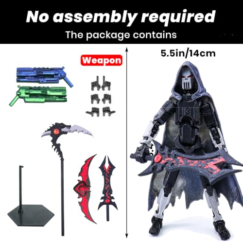 T13 3D Printed Action Figure Set, Articulated Poseable Robot with Death Scythe, Cape and Weapon Accessories, Pre-Assembled for Stop Motion.Dummy 13 (Gray-Black) - color: Gray Black