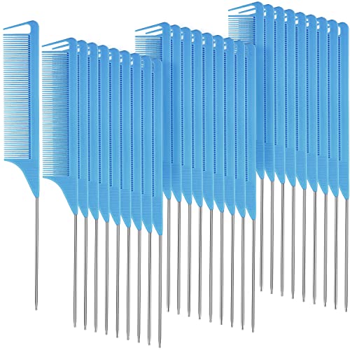 Patelai 30 Pcs Rat Tail Parting Combs Fine Tooth Bulk,Blue | Carbon Fiber Heat Resistant, Steel Pin Pintail for Sectioning Parting Braiding, Teasing Detangling Tools for Stylists Salon - color: Blue