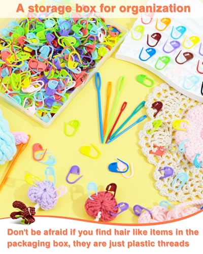 FIVEIZERO 300pcs Stitch Markers for Crocheting & 6pcs Blunt Sewing Needles | Mix Random Color Knitting Markers;Reusable Bulk Plastic Crochet Hook Clip for Knitting,Weaving,Crocheting,Art,Craft Projects