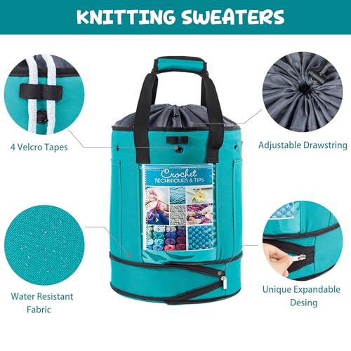 Expandable Crochet Organizer - Yarn & Crochet Tote with Drawstring Closure - Ideal Gift - color: Teal-Ⅰ, size: Large-Drawstring Closure