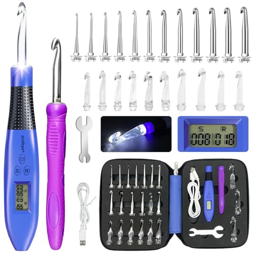 22 Size Crochet Hook Set with Light & Digital Counter, Ergonomic for Arthritic Hands, 2.0–14.0 mm Interchangeable Hooks, Rechargeable and Beginner-Friendly - size: 22 Crochet Hook