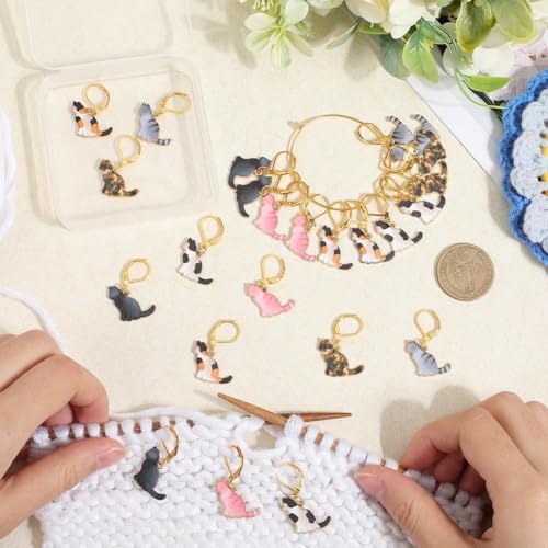 SUNNYCLUE 1 Box 24pcs Crochet Stitch Markers Cat Crochet Marker Charms Alloy Enamel Cute Funny Animal Gold Locking Clips Clasps Charm for Crocheting Knitting Weaving Jewelry Making DIY Accessories - style: Cat 2