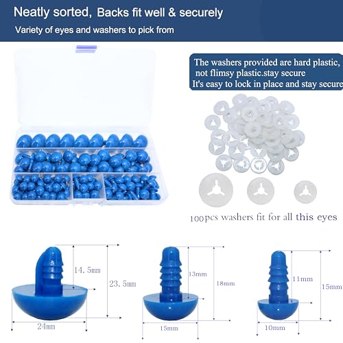 Thalinfayi 200pcs 10/15/24mm Safety Eyes and Washers for Amigurumi Crochet | Blue Plastic Crochet Craft Eyes for Stuffed Plush Animals, Crafts, Crochet Doll DIY Making Supplies ; Neatly Sorted by Size - color: Blue