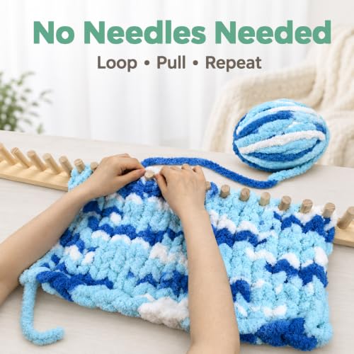 46-Inch Chunky Blanket Loom, Adjustable 3-Section Wooden Frame | Modular Design, No-needle Required, for Chunky Yarn Blankets, Lap Throws, Pillow Covers, and Beginner DIY Knitting Projects